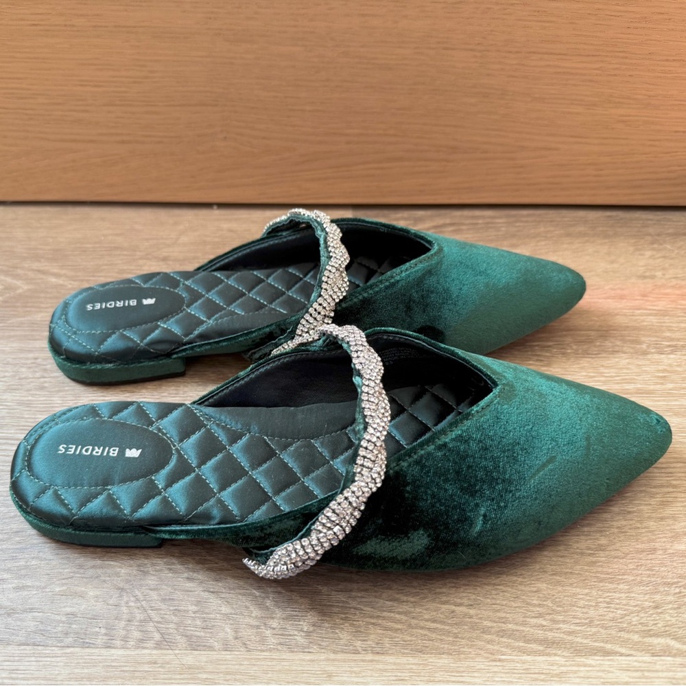 Birdies The Swan - Emerald Crystal Bracelet sparkly green velvet mules slippers